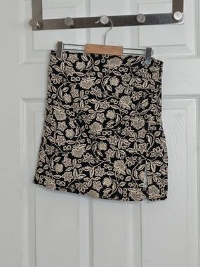 Mango Floral Black and Cream Mini Linen Blend Skirt